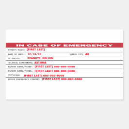 Rectangular Pegatina de información de emergencia infantil