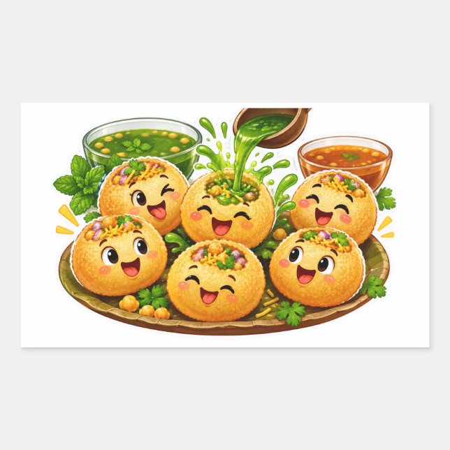 Rectangular Pegatina de Kawaii Pani Puri, Comida Callejera Ind (Anverso)