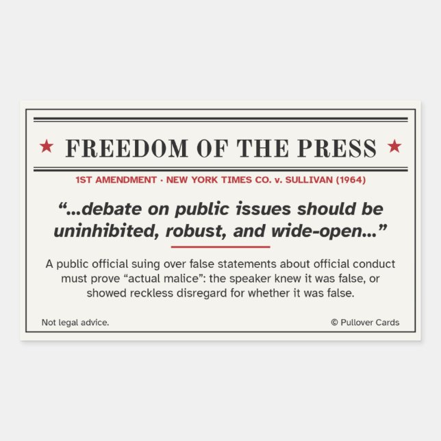 Rectangular Pegatina de libertad de prensa – NYT v. Sullivan (Anverso)