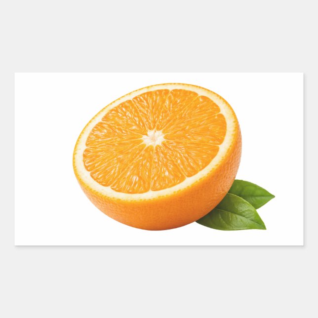Rectangular Pegatina de media naranja fresca con hoja verde (Anverso)