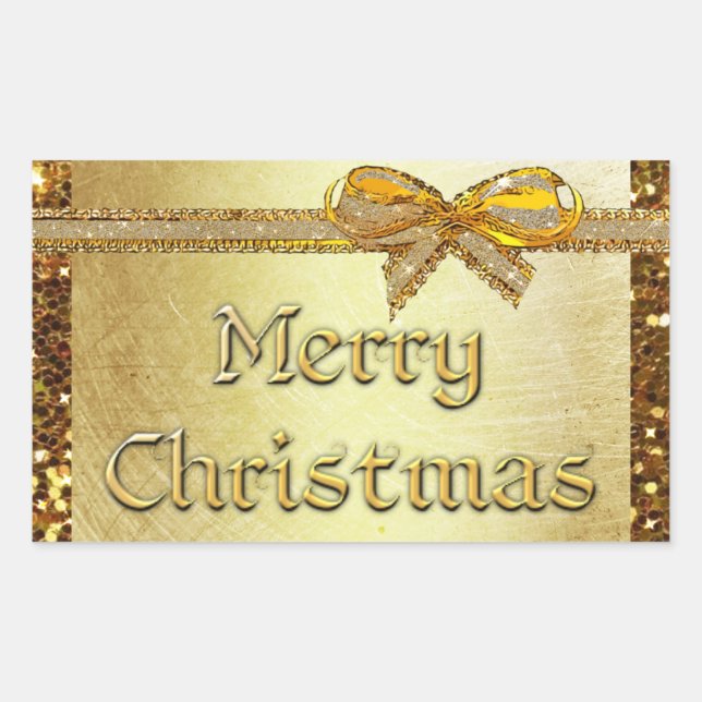 Rectangular Pegatina de Navidad Gold Merry (Anverso)
