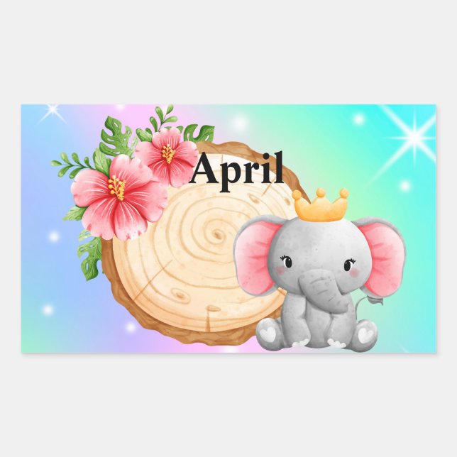 Rectangular Pegatina de nombre personalizado elefante (Anverso)