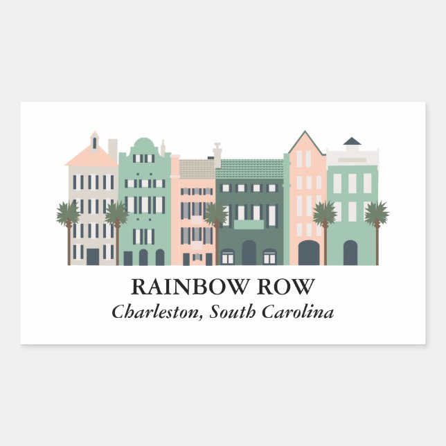 Rectangular Pegatina de Rainbow Row Charleston en Carolina del (Anverso)