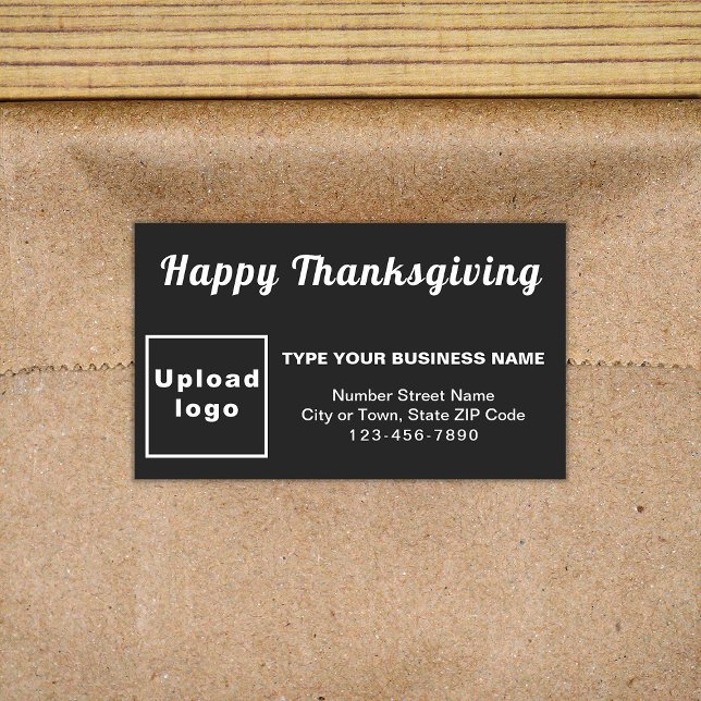 Rectangular Pegatina de Rectángulo Negro de Acción de Gracias  (Your business brand with Thanksgiving greeting on black rectangle sticker.)