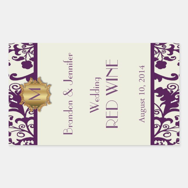Rectangular Pegatina de vino con monograma de ciruela y crema (Anverso)