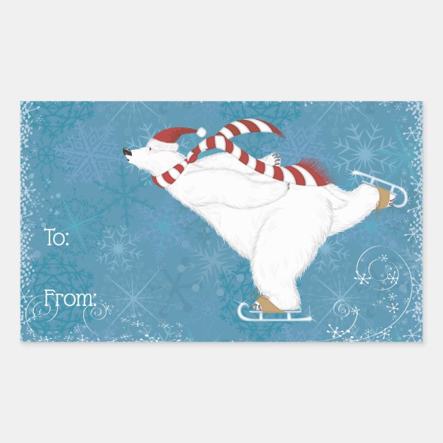 Rectangular Pegatina del oso polar de patinaje sobre hielo (Anverso)