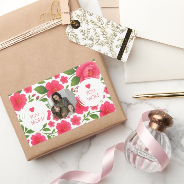 Rectangular Pegatina personalizada de foto roja floral - Te qu (Regalar)