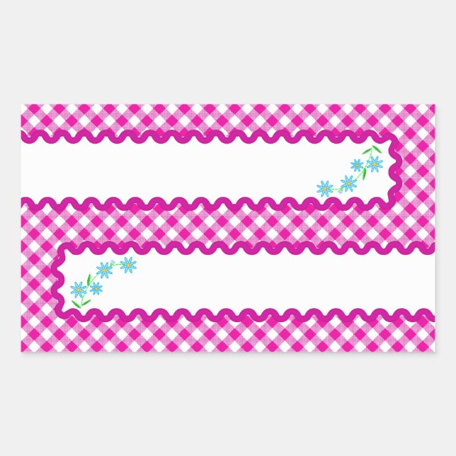 Rectangular Pegatina Rectángulo de fondo rosado de Gingham y f (Anverso)