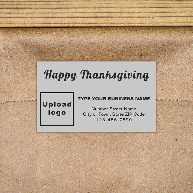 Rectangular Pegatina Rectángulo Gris del Día de Acción de Grac (Your business brand with Thanksgiving greeting on gray rectangle sticker.)