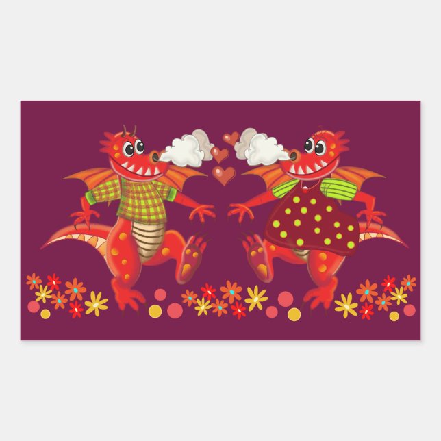 Rectangular Pegatina romántico lindo con dagones enamorados (Anverso)