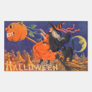 Rectangular Pegatina Vintage Halloween   Gato de bruja
