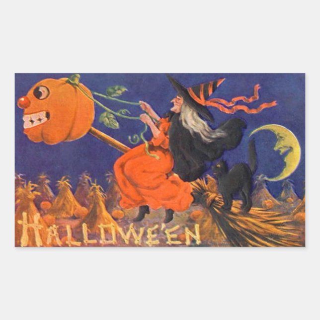 Rectangular Pegatina Vintage Halloween | Gato de bruja (Anverso)