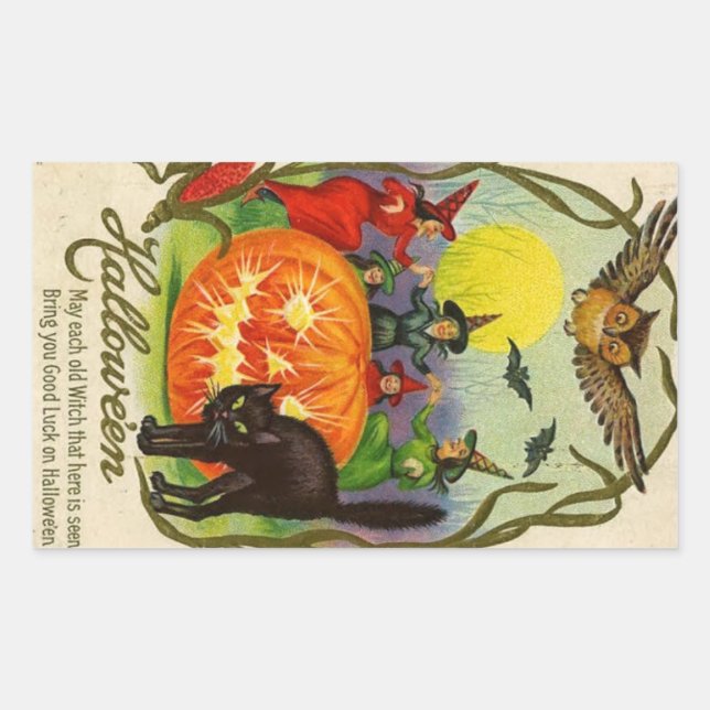 Rectangular Pegatina Vintage Halloween | Gato de bruja (Anverso)