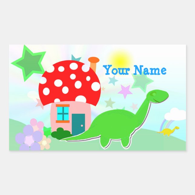 Rectangular Personalizado Dino & Mushroom House Name Pegatina (Anverso)