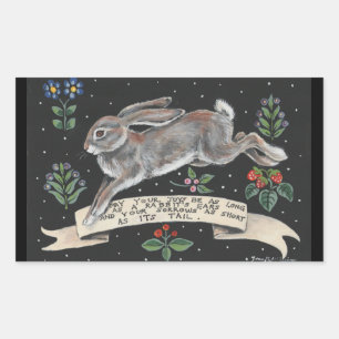 Rectangular Rabbit Hare Pegatina Inspirador Floral negra