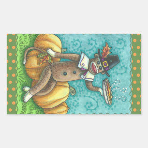 Rectangular SOCK MONKEY PILGRIM THANKSGIVING PEGATINA SHEET Re