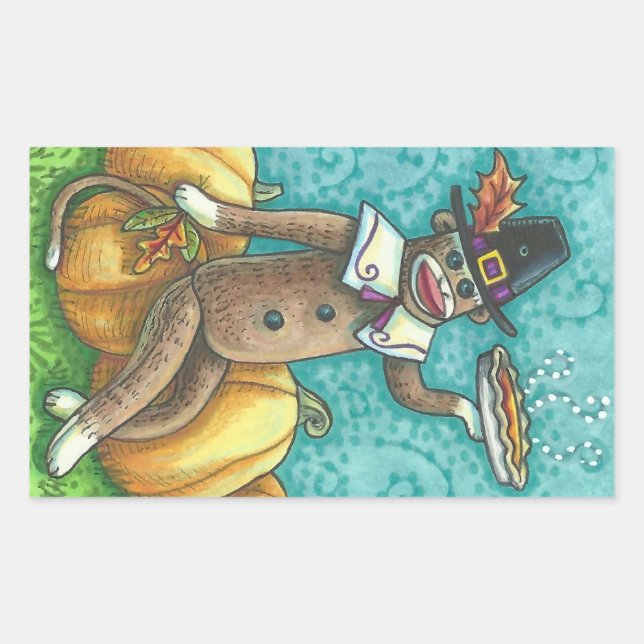 Rectangular SOCK MONKEY PILGRIM THANKSGIVING PEGATINA SHEET Re (Anverso)