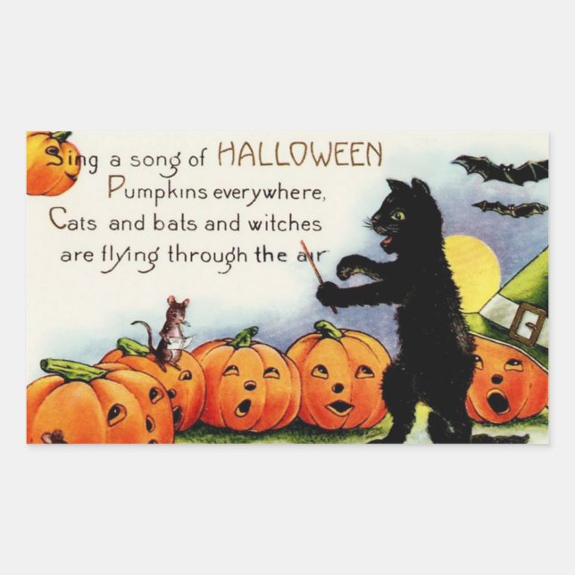 Rectangular Vintage Halloween Funny Scary Cat Pumpkin Pegatina (Anverso)