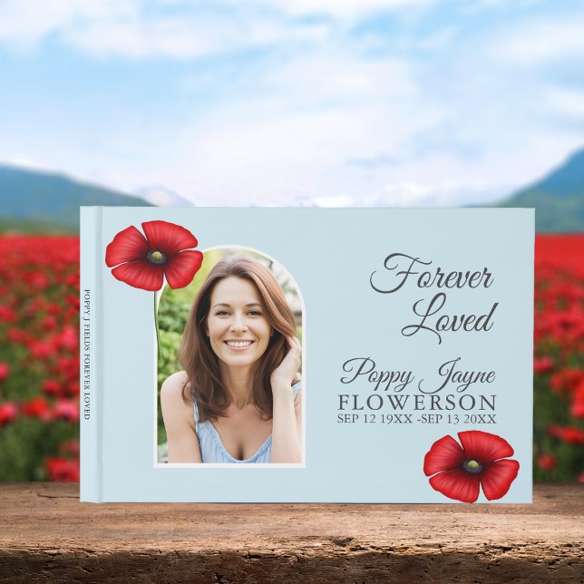 Recuerden libro de invitados para el funeral azul  (Add your beloved's photo and special dates to this sky blue poppy memorial/funeral guest book.)