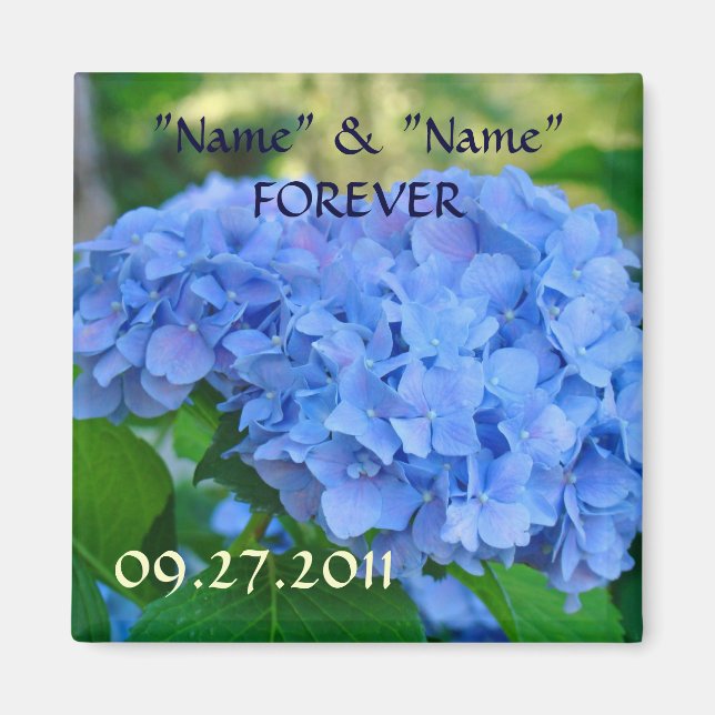 Recuerdos de boda imanes Flores de Hortensia Azul (Frente)