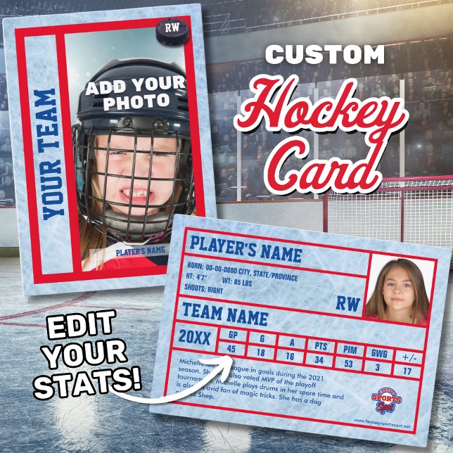 Recuerdos de la tarjeta de compraventa del jugador (Hockey trading card with customizable stats, including goals (G), assists (A), and points (PTS).)