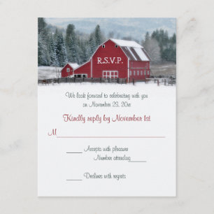Red Barn en la tarjeta RSVP de Boda de Invierno