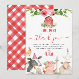 Red Barn Farm Animals Birthday Gracias Tarjeta