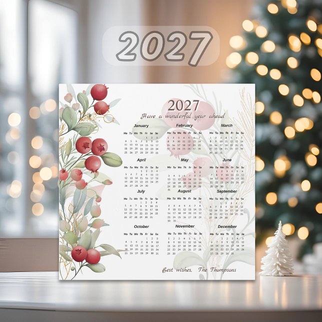 Red Berries Greenery Elegant 2027 Calendar Card (Subido por el creador)