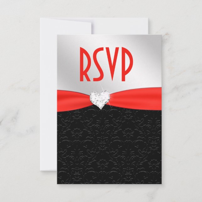 Red Black Floral Damask Diamond Heart RSVP (Anverso)