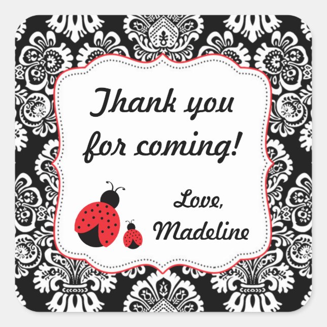 Red Black Ladybug Damask baby ducha favor pegatina (Anverso)