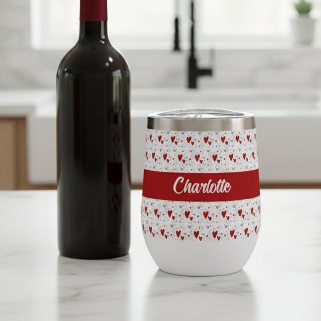 Red Black Modern Hearts Retro Monogram Name (cute red and black retro hearts wine tumbler with name monogram)