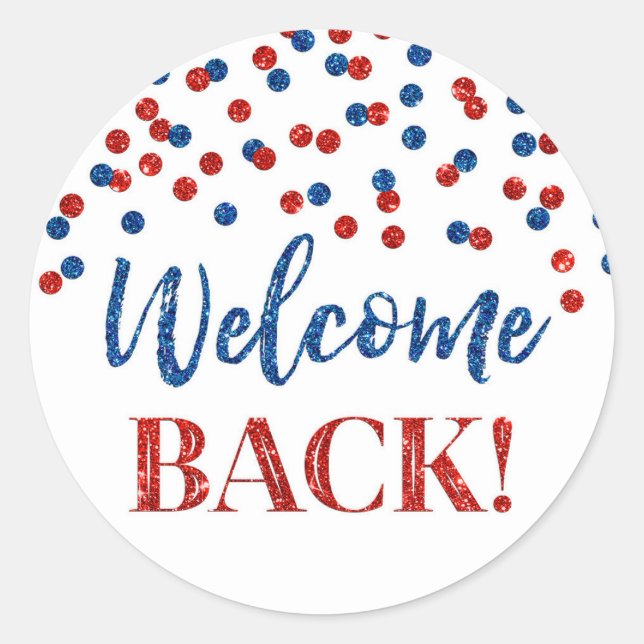 Red Blue Confetti Bienvenidos Pegatina de Vuelta (Anverso)