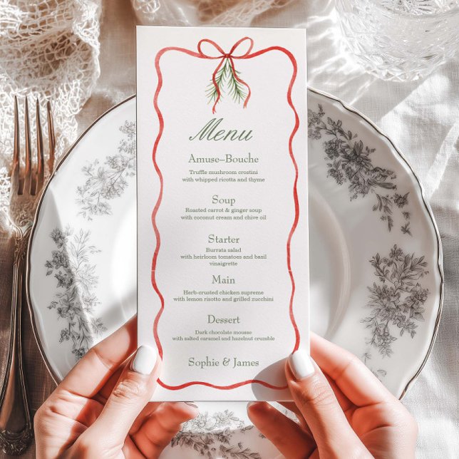 Red Bow Ribbon Winter Wedding Flat Menu (Subido por el creador)