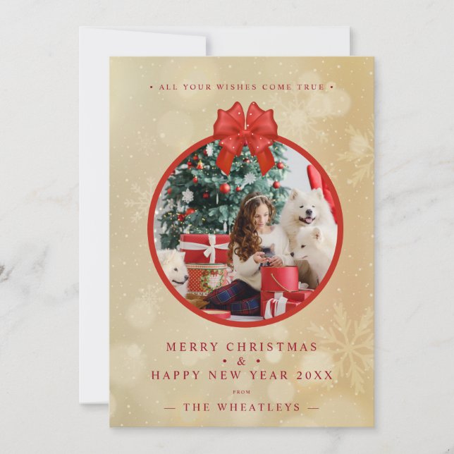 Red Bow Snowflakes Christmas Round Family Photo (Anverso)