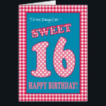 Red Check Polkas Sweet 16th Birthday for Daughter<br><div class="desc">Una dulce tarjeta de cumpleaños número 16 para una hija,  con un toque retro y bonito. Las letras,  los números y el borde son de color rojo y blanco rayado de gingham y polka en un fondo azul denim. Puede cambiar el mensaje interno si lo desea.</div>