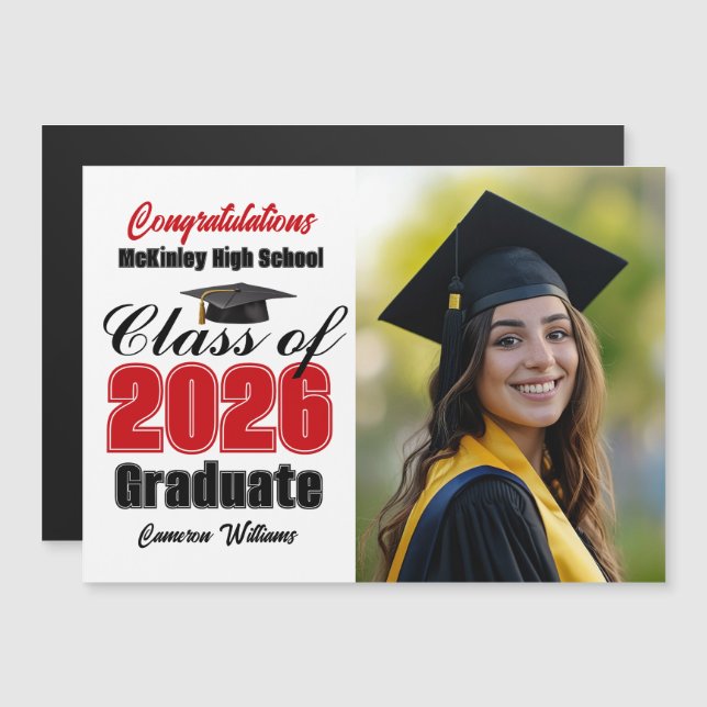 Red Class of 2026 Graduation Photo Magnet Card (Anverso/Reverso)