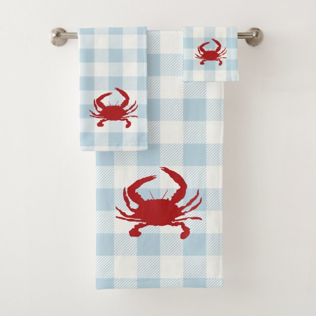 Red Crab Check Gingham Pattern Bath Towel Set (In situ)