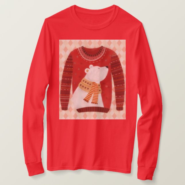 Red Cute Polar Bear Ugly Sweater Art on T-Shirt (Anverso del diseño)