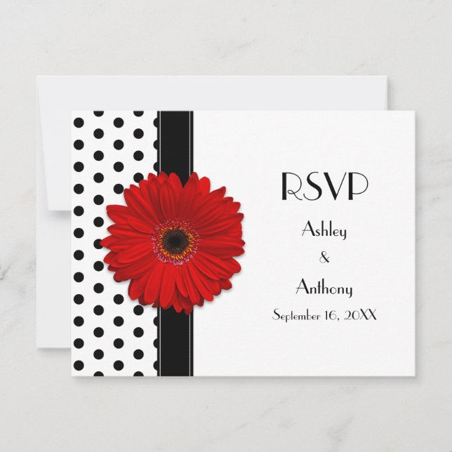 Red Daisy Black Polka Boda de puntos RSVP (Anverso)