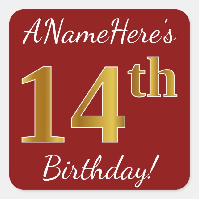 Red, Faux Gold 14th Birthday + Pegatina de nombre  (Anverso)