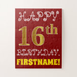 Red, Faux Gold 16th Birthday   Custom Name Puzzle<br><div class="desc">Este divertido y simple diseño de rompecabezas de cumpleaños presenta el mensaje "FELIZ CUMPLEAÑOS 16", con el "16" con un aspecto de color falso/imitación de oro. También cuenta con un nombre personalizado y un fondo de color rojo. Podría ser una manera divertida y especial de dar un saludo de cumpleaños...</div>