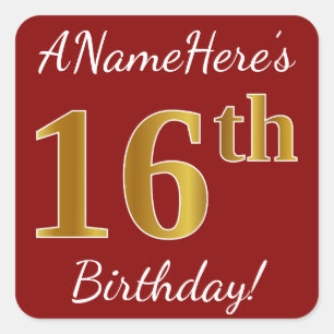 Red, Faux Gold 16th Birthday + Pegatina de nombre
