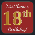 Red, Faux Gold 18th Birthday   Pegatina de nombre<br><div class="desc">Este sencillo diseño de pegatina de cumpleaños incluye un mensaje como "¡Cumpleaños 18 de FirstName!", con el "18″ que tiene un aspecto de color falso/imitación de oro, en un fondo de color rojo. El nombre se puede personalizar. Pegatinas como estos podrían ser tal vez un regalo para alguien que esté...</div>