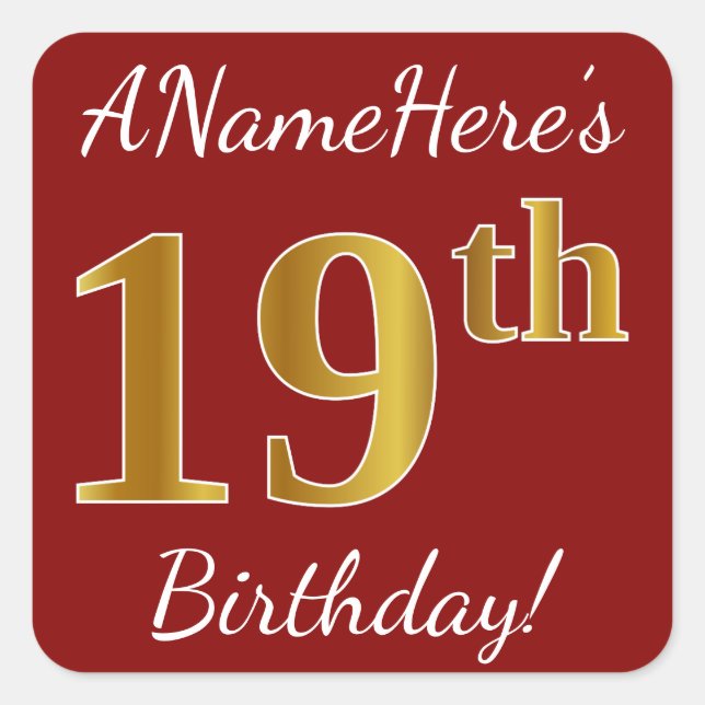 Red, Faux Gold 19th Birthday + Pegatina de nombre  (Anverso)