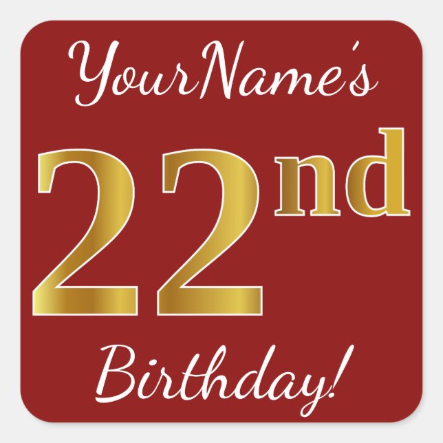Red, Faux Gold 22nd Birthday + Pegatina de nombres (Anverso)