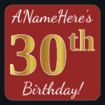 Red, Faux Gold 30th Birthday   Pegatina de nombre<br><div class="desc">Este sencillo diseño pegatina de cumpleaños muestra un mensaje como "¡El cumpleaños número 30 de ANameHere!", mientras que el "30" tiene un aspecto de color falso/imitación de inspiración dorada, sobre un fondo de color rojo. El nombre se puede personalizar. Pegatinas como estos podrían ser tal vez un regalo para alguien...</div>