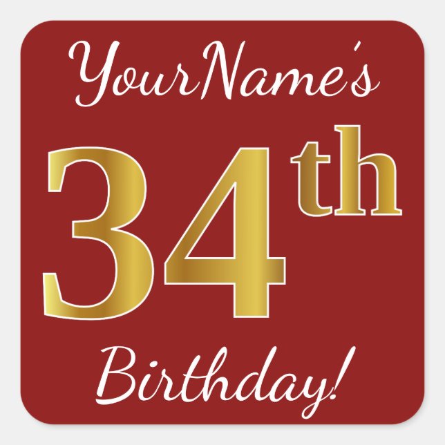 Red, Faux Gold 34th Birthday + Pegatina de nombre  (Anverso)