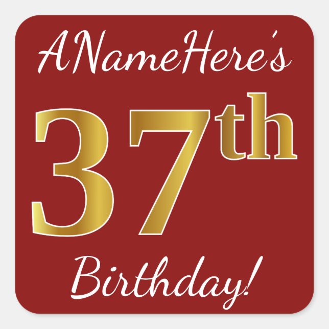 Red, Faux Gold 37th Birthday + Pegatina de nombre  (Anverso)