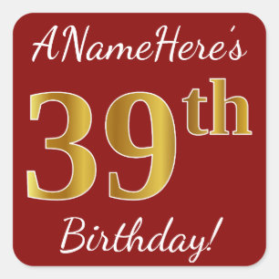 Red, Faux Gold 39th Birthday + Pegatina de nombre