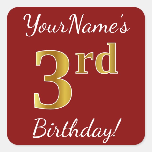 Red, Faux Gold 3Birthday + Pegatina de nombres per (Anverso)